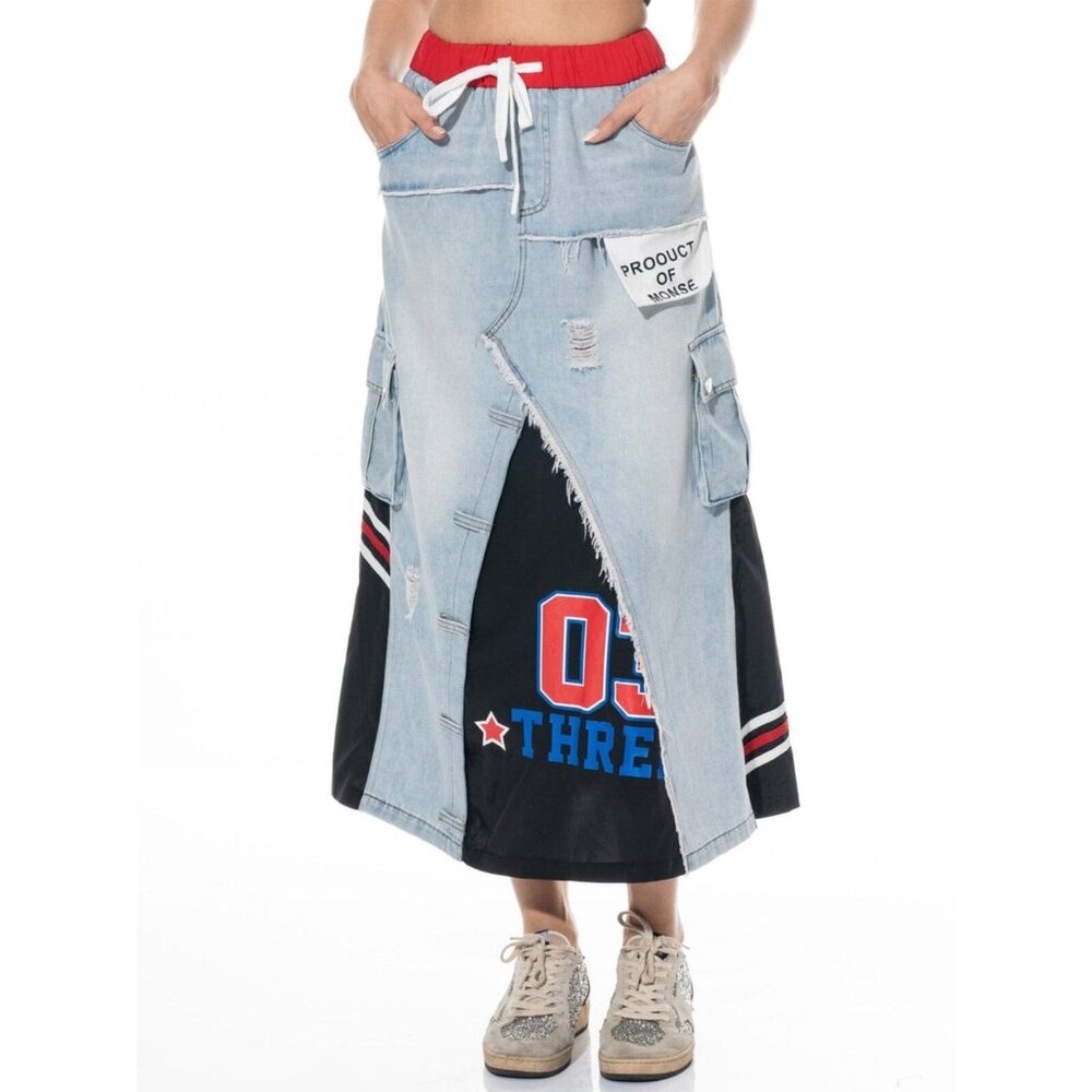 Galita - L Women's Elastic Waist Self Tie Pockets Contrast Denim Maxi Skirt